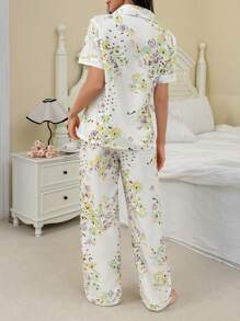 CottageSlumber Printed Collar Short Sleeve Pajama Set With Pants - Multicolor - View 3