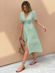 Serisse Women Solid Color V-Neck Midi Dress With Short Sleeves, Fashionable For Summer Sage Green Dress,Bodycon Dress Elegant Evening Dress - Green - View 11