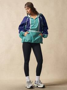 VARSIVA Contrast Color Drawstring Zipper Front Hooded Loose Casual Women Outdoor Jackets