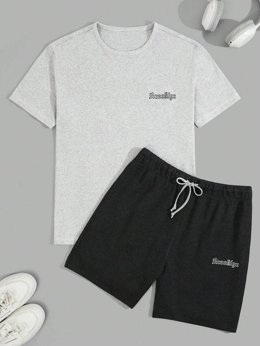 RueChic Men Letter Embriodery Regular T-Shirt & Short Set - Grey - View 1