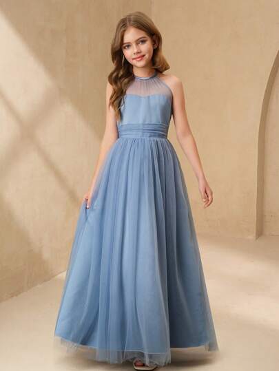 SHEIN 优雅花朵图案少女派对礼服，适合婚礼、舞会、毕业典礼 | 万圣节蓝色网纱露背中长连衣裙，适合少女 | 时尚薄纱蓬蓬公主裙，适合女孩返校季