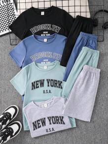 8 件/套青少年男孩休闲宽松字母图案圆领短袖 T 恤和短裤 2 件套，适合通勤、学校、日常休闲装、运动，适合春夏季 - 霧霾藍 - 查看 1