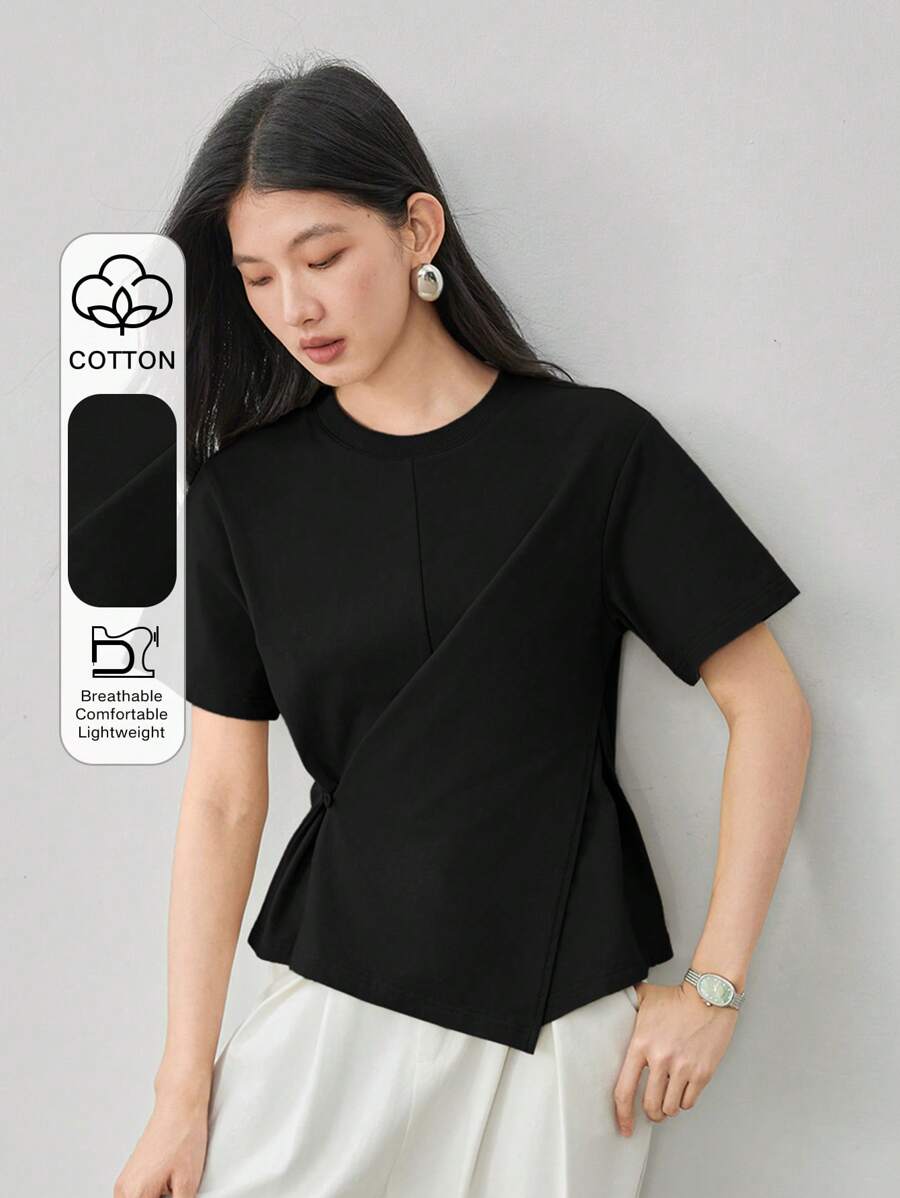 Dazy-Less 女士独特扭纹下摆不对称纽扣短袖休闲办公室衬衫夏季教师装 - 黑色 - 查看 1