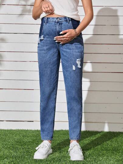 SHEIN Spodnie ciążowe damskie z kieszeniami i prostymi nogawkami, letnie jeansy ciążowe, jeansy typu mom jeans dla kobiet na festiwal