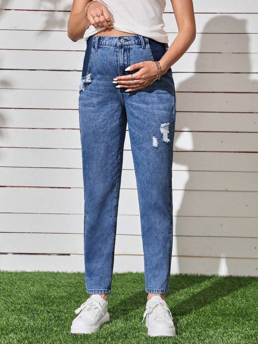 SHEIN 孕妇口袋破洞休闲直筒九分裤夏季孕妇牛仔裤妈妈牛仔裤女节日 - 中等水洗藍 - 查看 1