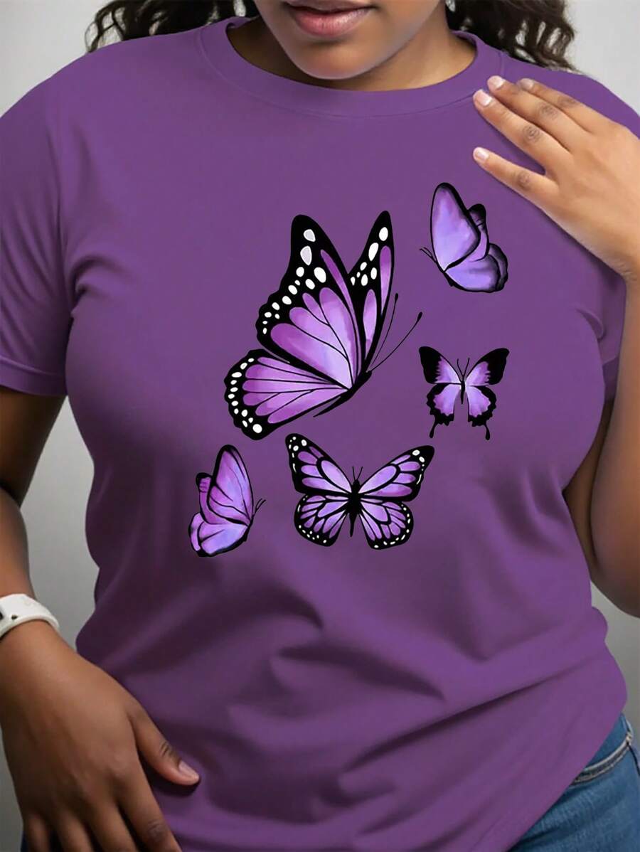 INAWLY Plus Size Women's Butterfly Print Round Neck Short Sleeve Casual T-Shirt - Purple - View 1
