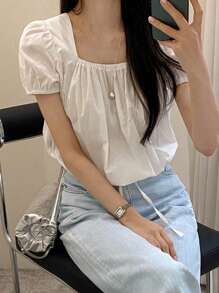 DAZY 休闲方领抽绳下摆女式衬衫夏季 - 白色 - 查看 4