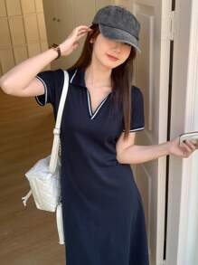 DAZY 女士 V 领休闲条纹中长连衣裙，适合工作夏季太阳裙衬衫裙