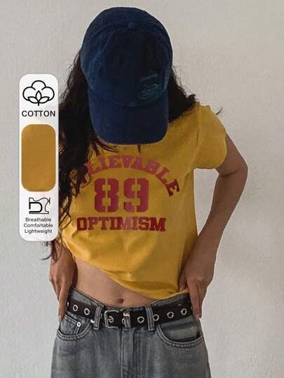 DAZY Women's Letter Print Loose Short Sleeve Street T-Shirt, Yellow, Spring & Summer,Graphic Tees Preppy Tops