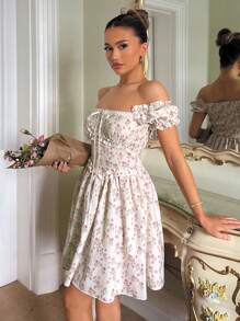 SHEIN PETITE Textured Fabric Off Shoulder Puff Sleeve Ruffle Trim Short Dress For Women