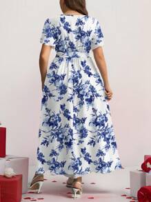 Firerie Casual Vintage Floral Design Loose Fit Plus Size Dress, Suitable For Autumn/Winter Flowy Dress Boho Suitable For Going Out - Blue - View 5