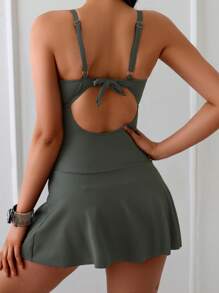 SHEIN Beach Summer Outfit For Women: Solid Color Tie-Up Bowknot Flared Hem Elegant One Piece Swimsuit - Green - View 2