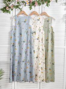 CottageSlumber 3 Pieces Set: Square Neck Contrast Lace Floral Print Nightgown Babydoll PerfectSummer