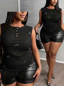 Slaydiva Women Plus Size Basic Solid Black Drawstring Shiny Stretchy Knit Tank Top - Black - View 1