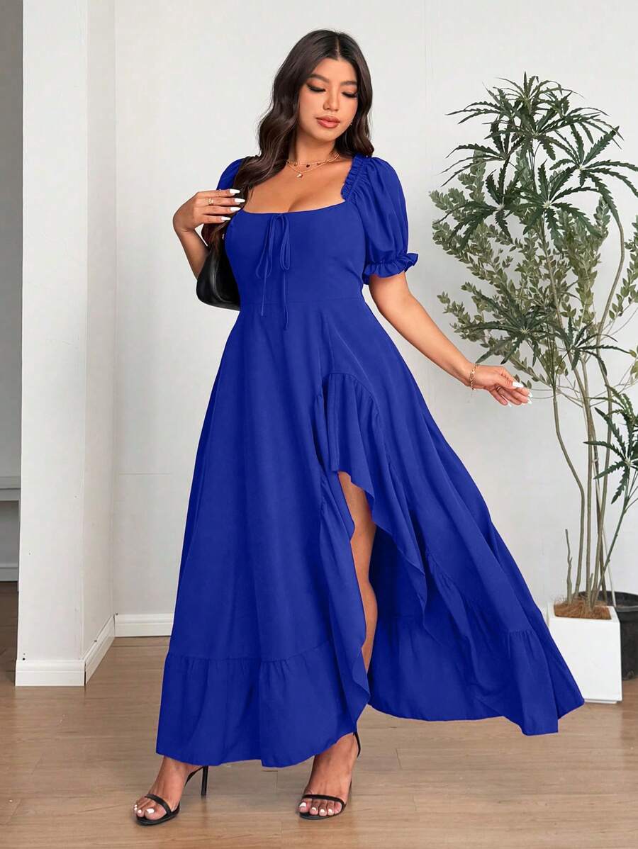 SHEIN Clasi 大码女式纯色垂坠领短款泡泡袖侧开衩优雅连衣裙 - 寶藍色 - 查看 1