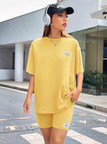 Muchica 女士针织休闲T恤和短裤两件套，夏季 - 黃色 - 查看 4