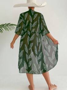 SHEIN Swim Women's Tropical Plant Printed Belted Beach Bikini Cover Up For Summer