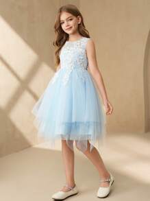 SHEIN Wedding Flower Girl Princess Tulle Dress, Tween Girl Formal Party Gown, Flower Girl Dress, Flower Girl Bridesmaid Dress, Girls Piano Recital Dress - Blue - View 5