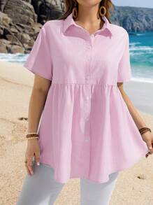 EMERY ROSE 大码休闲条纹衬衫，简约时尚，适合日常穿着，夏季，波西米亚风 - 粉色 - 查看 6