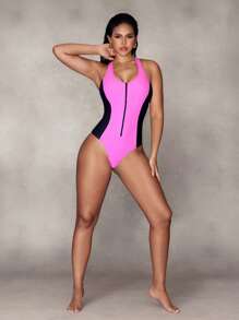 SHEIN Swim Tummy Control Front Zipper Color Block One-Piece Swimsuit For Women For Summer Beach Vacation