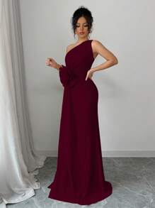 Rafferiza Vestido de mujer con escote asimétrico y bordado floral 3D