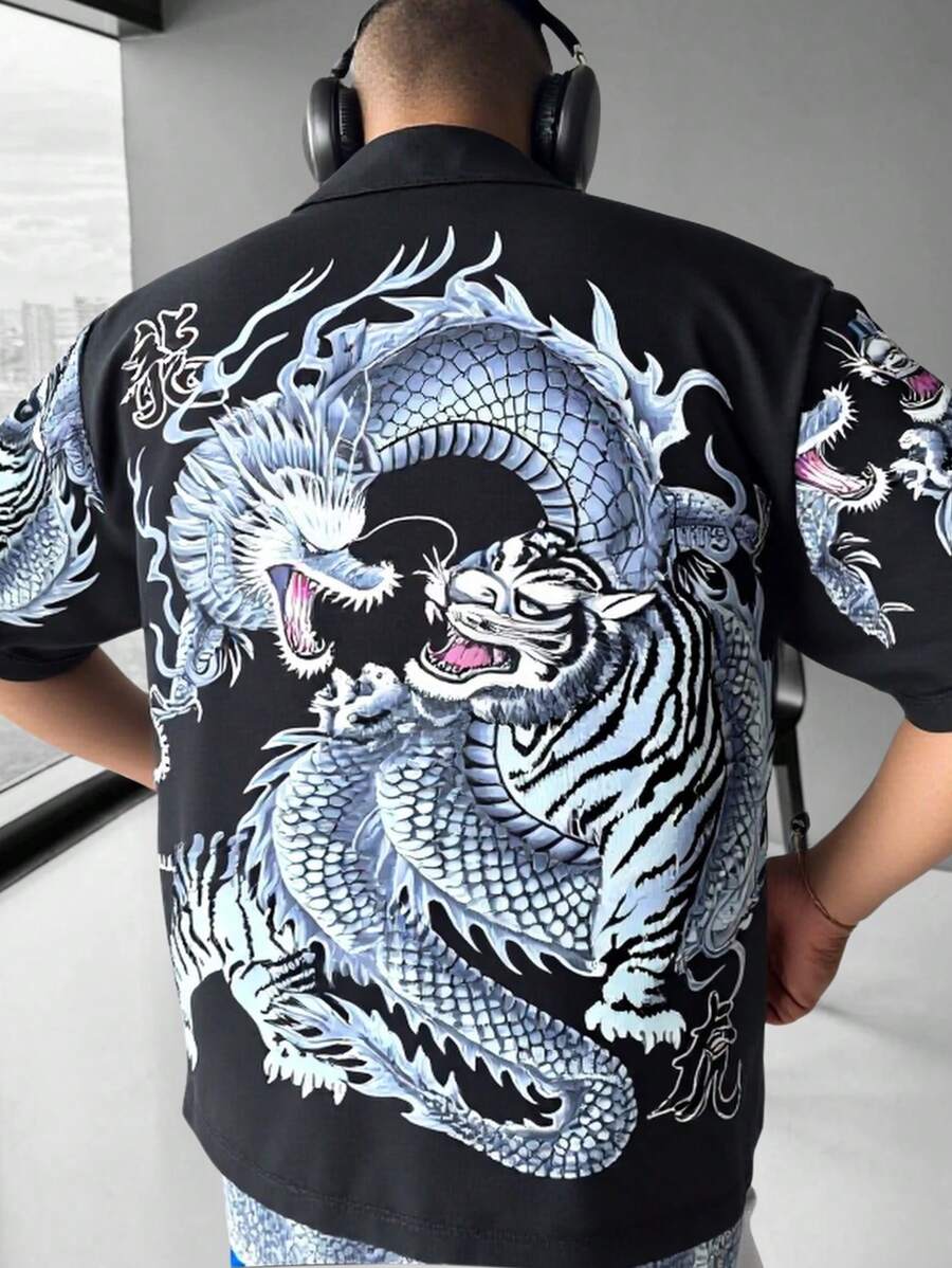 PAVTROS Manfinity Streetrush Men's Dragon & Tiger Print Street Style Cropped Zip Up Shirt - Black - View 1