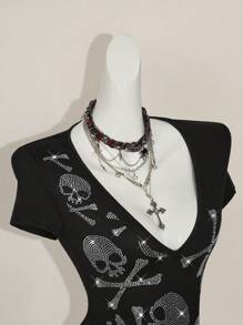 SHEIN ICON Fashionable Rhinestone Skull Deep V-Neck Short Sleeve T-Shirt For Summer - Black - View 5