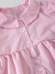 SHEIN 女孩休闲迷人彼得潘领插肩短袖高腰宽松中长款纯色连衣裙，粉色，夏季