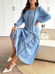 SHEIN Frenchy Vestito lungo da donna taglie forti con stampa floreale ditsy nera, abito lungo casual leggero, nuovo stile primavera/estate - Blu - Visualizzare 6