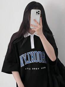 DAZY 女士拼色领口和字母印花 T 恤 夏季