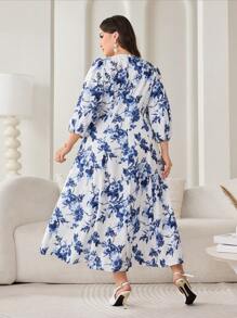 Modelyn Plus Size Elegant Floral All Over Print Lantern Sleeve Dress - Multicolor - View 2