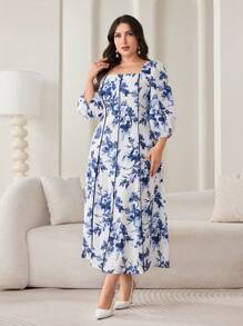 Modelyn Plus Size Elegant Floral All Over Print Lantern Sleeve Dress - Multicolor - View 5