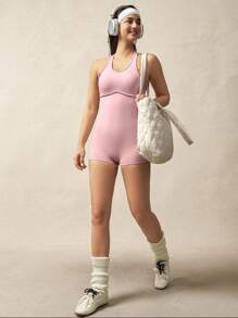 VARSIVA 1pc Women's Solid Color Hollow Back Daily Fitness Sports Romper - Pink - View 7