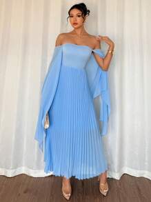 Rafferiza Summer Elegant Off Shoulder Pleated Hem Long Dress - Blue - View 5