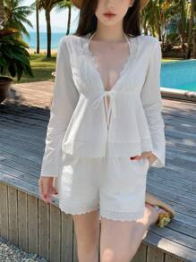 DAZY 2pcs Vacation Style Women Lace Patchwork Cardigan & Shorts Set,Fall Women Clothes