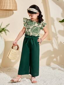 SHEIN Leap Crew 2pcs Young Girl Ditsy Floral Ruffle Collar Top And Wide Leg Pants Set - Green - View 1