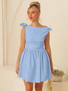 Glamine 春夏露肩系带褶皱纯色 A 字下摆无袖女式迷你连衣裙 - 藍色 - 查看 6