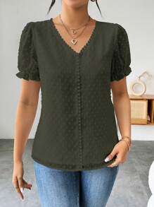 SHEIN Clasi Women's French Solid Color Swiss Polka Dot Ruffle Detail V-Neck Puff Sleeve Blouse - Dark Green - View 6