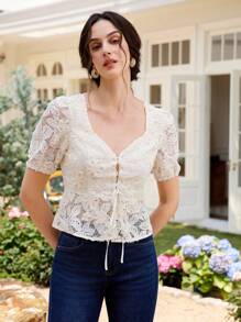 Chiquease Blusa elegante e casual da donna, con vita stretta, in tessuto a rete lavorato a maglia e ricamato - Albicocca - Visualizzare 7