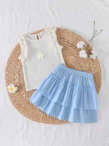 2 peças/Conjunto Regata com Estampa Floral e Saia Tule com Pompom para Meninas, Conjunto de Verão