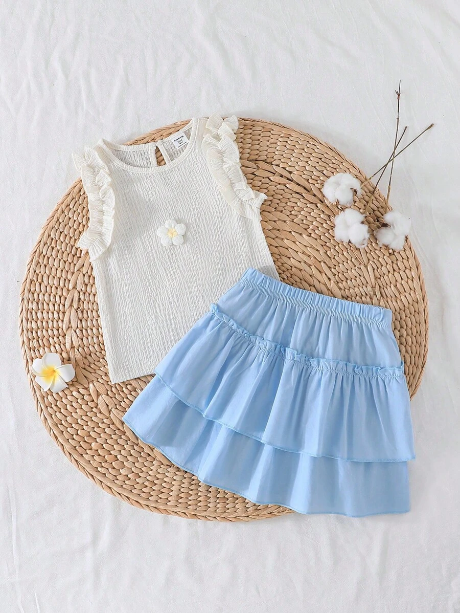 2 peças/Conjunto Regata com Estampa Floral e Saia Tule com Pompom para Meninas, Conjunto de Verão