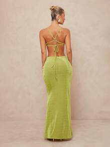 Lumalex 金属环装饰露背低腰镂空紧身超长美人鱼剪裁两件套女式 - 綠色 - 查看 3