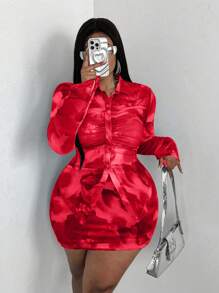 Maweii Plus Size Vintage-Look Mesh Magenta Top And Skirt 2 Pieces Set - Red - View 2