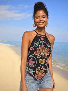 Travachic 女士复古印花吊带背心，夏季，沙滩装，复活节，海滩，春假，度假，音乐会，波西米亚风，音乐节，热带假期 - 黑色 - 查看 3