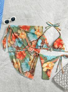 Swim Vcay 3pcs/Set Rok Mini dan Bikini Pantai Wanita Motif Acak dengan Tali Bahu Tipis dan Hiasan Bintang Laut untuk Musim Panas - MultiWarna - View 2