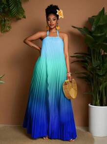 Maweii Plus Size Women Sexy Gradient Print Halter Pleated Decor Versatile Fashion Dress, New Spring/Summer - Multicolor - View 3