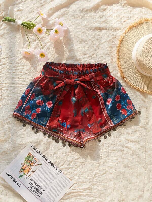 Sunnyshic Elegant Bohemian Style Floral Print Wide Leg Shorts
