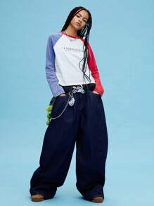 COUREZ Shrunken Fit Raglan Long Sleeve Colourblock Graphic T-Shirt Y2K Vintage Cotton - White - View 4