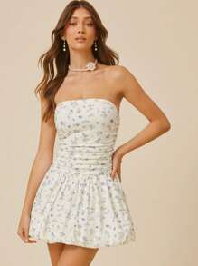 L'Amorae Summer Elegant Ditsy Floral Print Backless Bubble Hem Mini Tube Dress - Multicolor - View 3