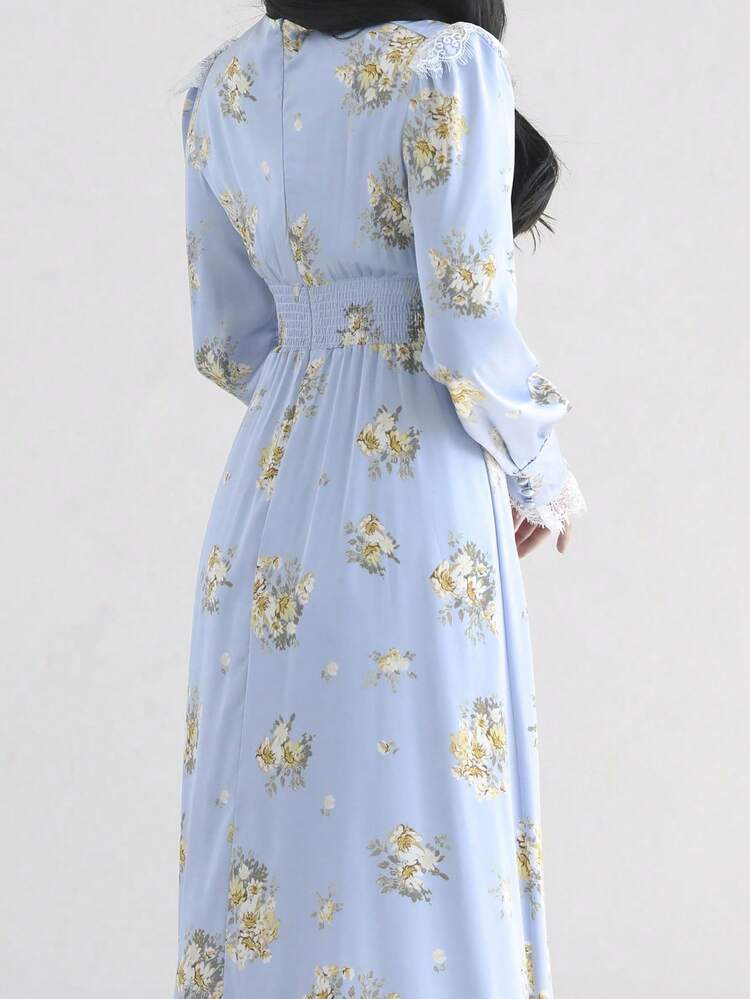 Vestido elegante de manga larga con cuello en V y encaje de contraste con estampado floral, para primavera/otoño